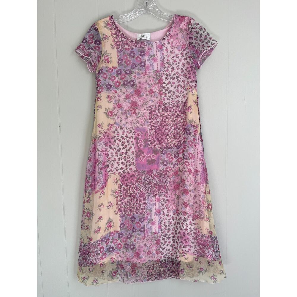 Vintage 90s Y2K Floral‎ Patchwork Print Dress 7 IZ Byer Cottagecore Fairy Pink